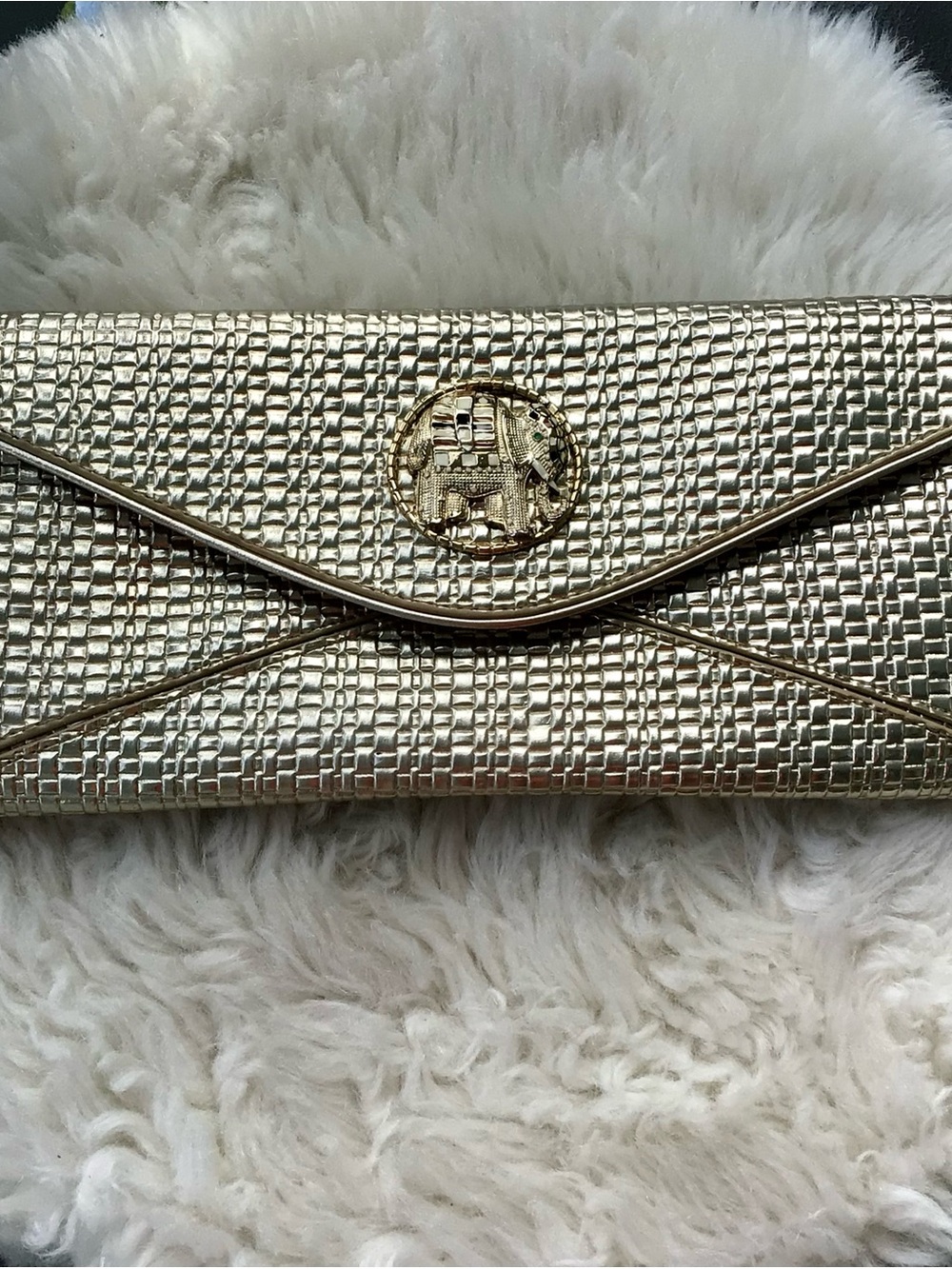 Lilly Pulitzer Gold Metallic Woven Envelope Clutch with Elephant Emblem